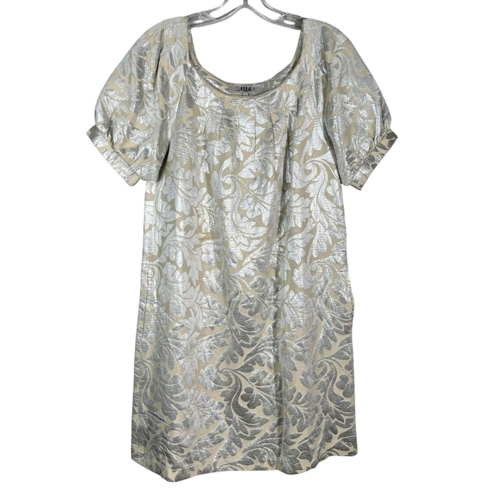 Tibi Silver Metallic Puff Sleeve Damask Printed Baroque Party Dress Size 4